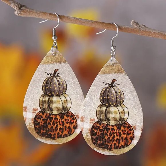 Earrings Fall Pumpkin Dangle Style Tear Drop Autum pu leather Stylish Country - Picture 1 of 3